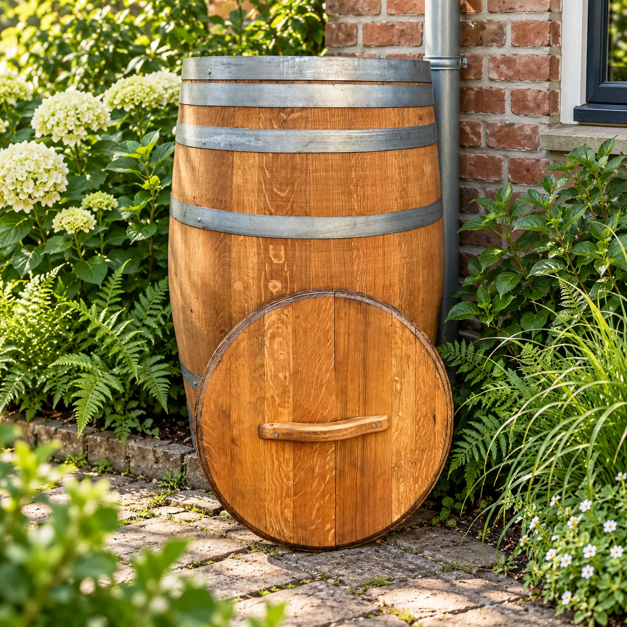 Eiken regenton in groene tuin