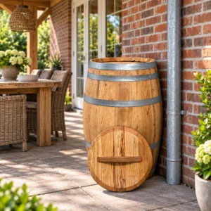 Houten regenton onder de veranda